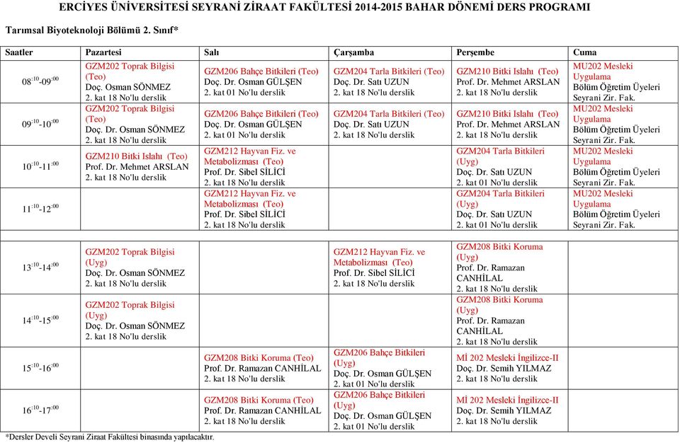 ve 11 :10-12 :00 Metabolizması GZM204 Tarla Bitkileri GZM204 Tarla Bitkileri GZM210 Bitki Islahı GZM210 Bitki Islahı GZM204 Tarla Bitkileri 2. kat 01 No'lu derslik GZM204 Tarla Bitkileri 2.