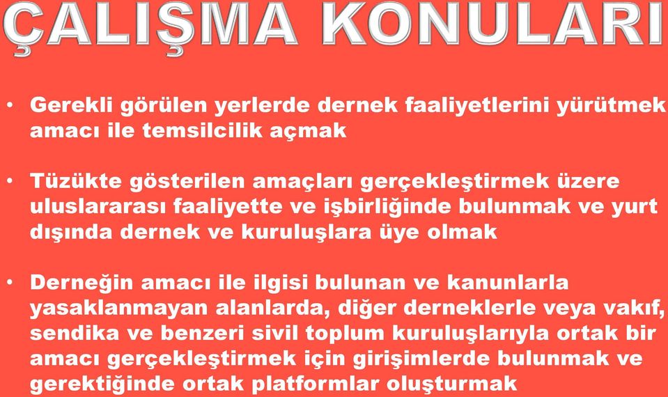 Derneğin amacı ile ilgisi bulunan ve kanunlarla yasaklanmayan alanlarda, diğer derneklerle veya vakıf, sendika ve