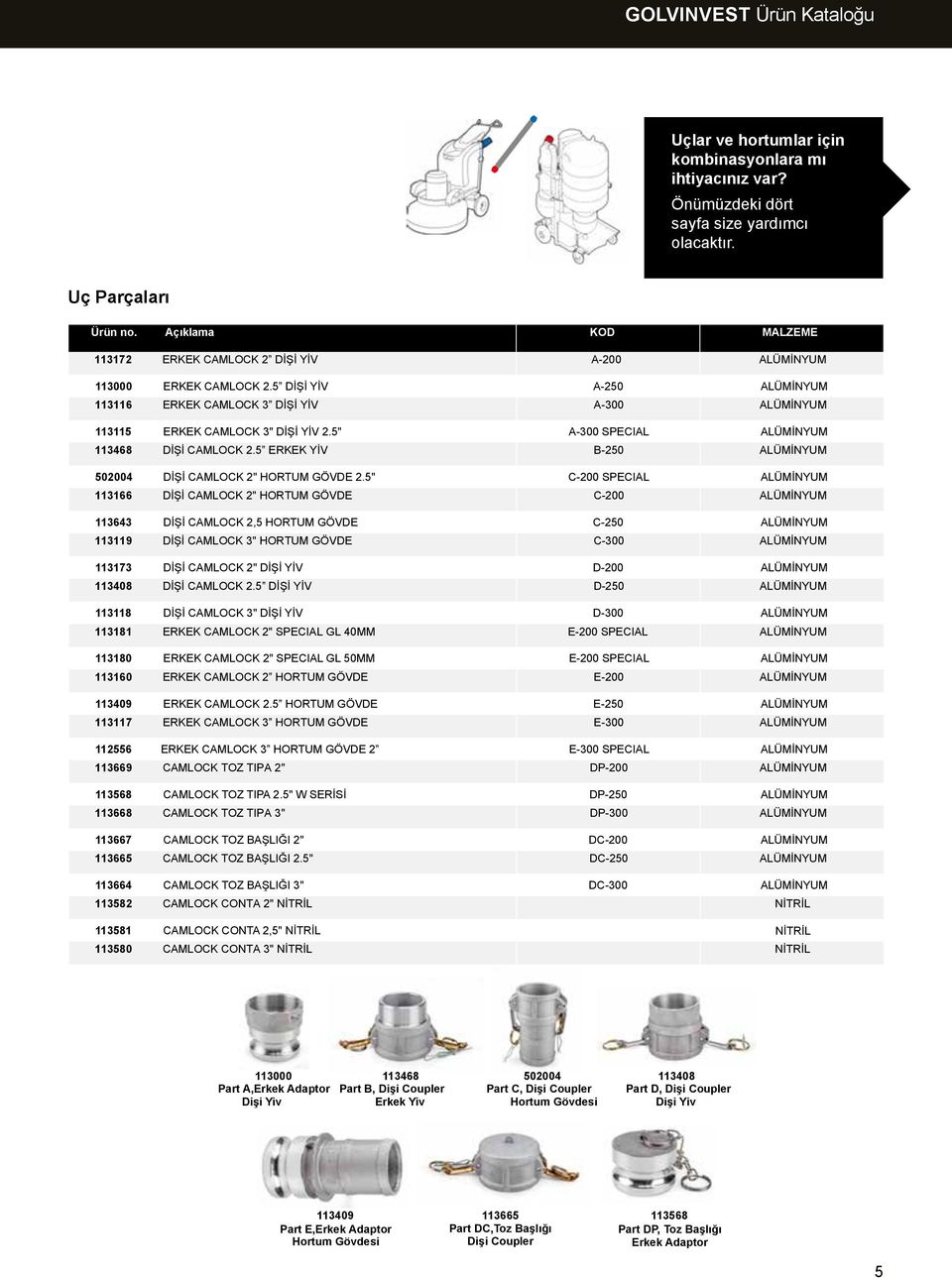 5" A-300 SPECIAL ALÜMİNYUM 113468 DİŞİ CAMLOCK 2.5 ERKEK YİV B-250 ALÜMİNYUM 502004 DİŞİ CAMLOCK 2" HORTUM GÖVDE 2.