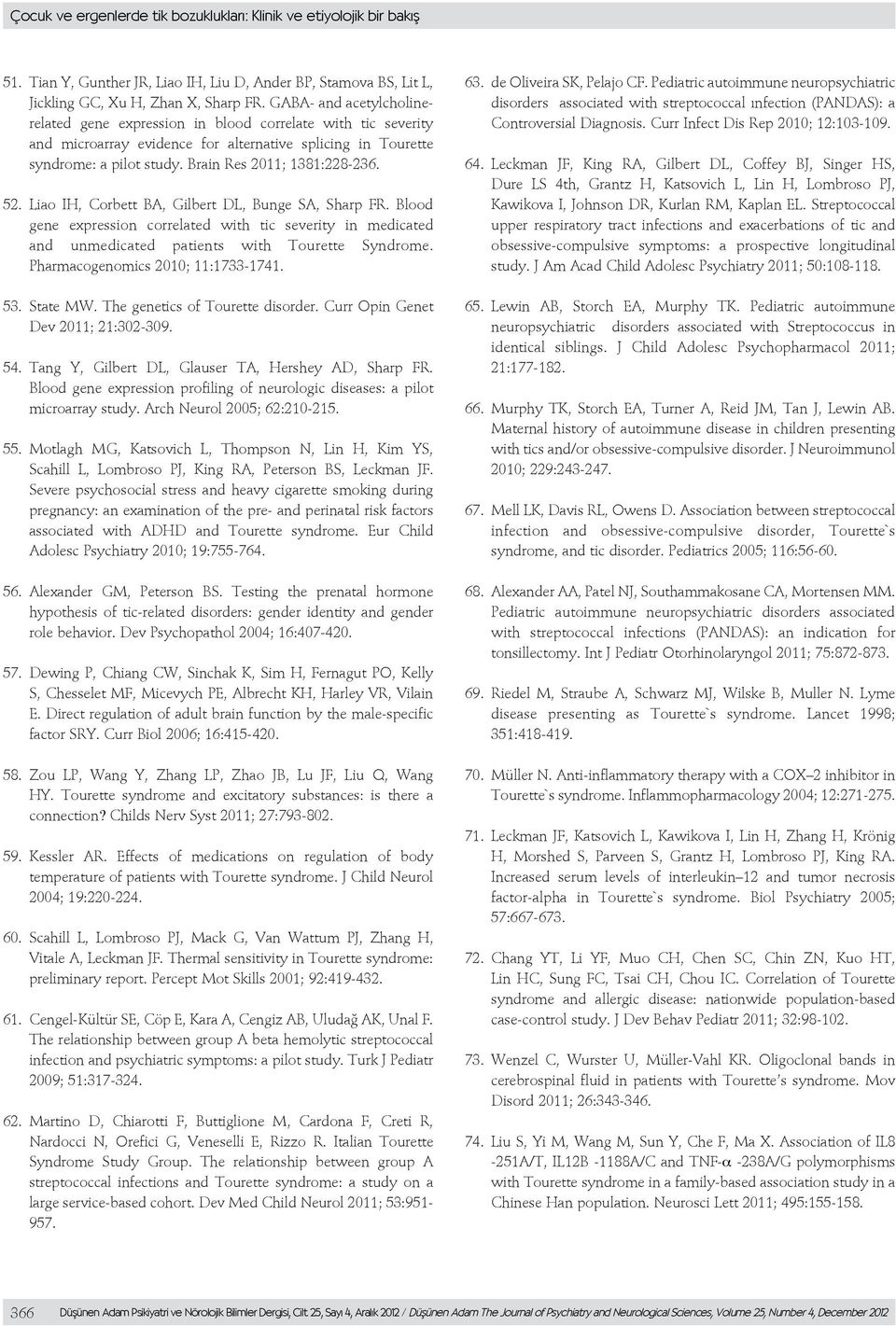 52. Liao IH, Corbett BA, Gilbert DL, Bunge SA, Sharp FR. Blood gene expression correlated with tic severity in medicated and unmedicated patients with Tourette Syndrome.