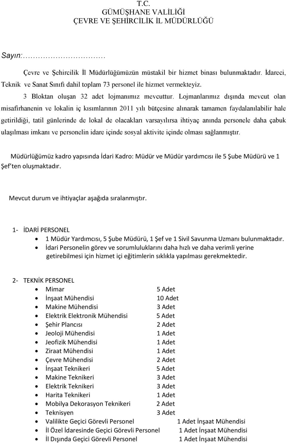 Lojmanlarımız dışında mevcut olan misafirhanenin ve lokalin iç kısımlarının 2011 yılı bütçesine alınarak tamamen faydalanılabilir hale getirildiği, tatil günlerinde de lokal de olacakları