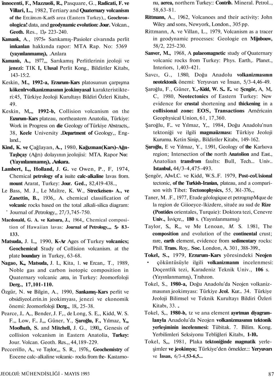 anlara Kamaniı, A., 1977,,, Sarıkamış Perlitlerinin jeoloji ve jenezi: TIK I, Ulusal Perlit Kong., Bildiriler Kitabı, 143-15:2. Keskin, M.