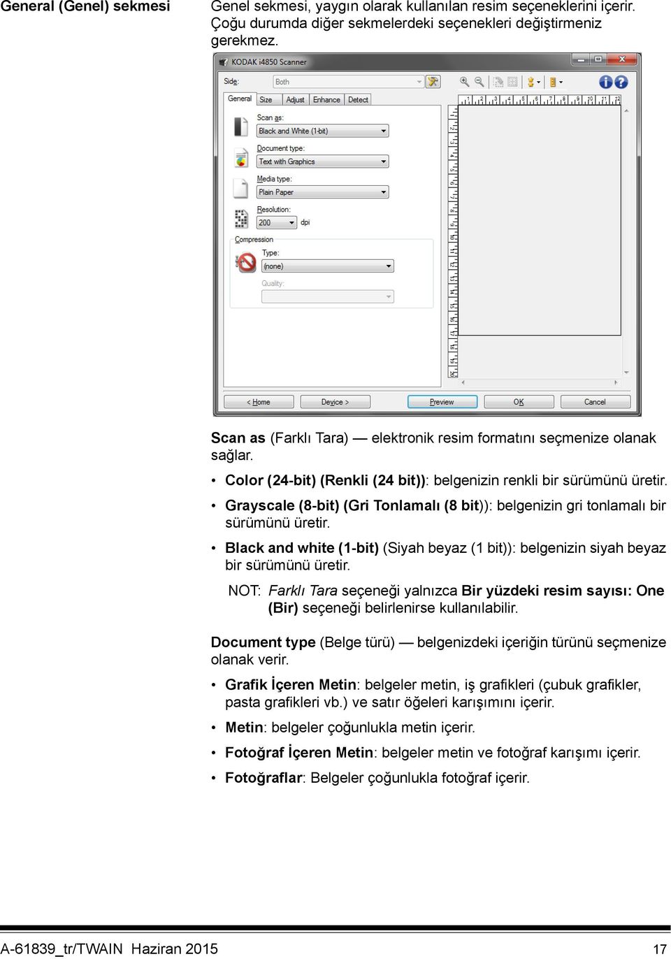 Grayscale (8-bit) (Gri Tonlamalı (8 bit)): belgenizin gri tonlamalı bir sürümünü üretir. Black and white (1-bit) (Siyah beyaz (1 bit)): belgenizin siyah beyaz bir sürümünü üretir.