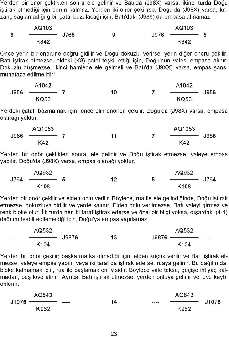 AQ10 9 J765 K842 9 AQ10 J976 5 K842 Önce yerin bir onörüne doğru gidilir ve Doğu dokuzlu verirse, yerin diğer onörü çekilir.