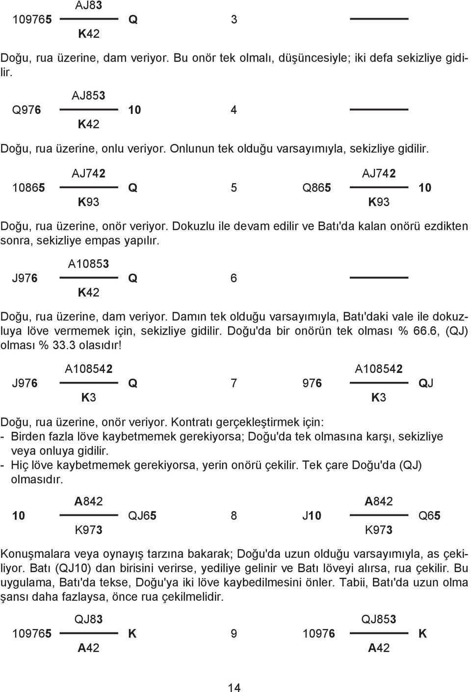 Dokuzlu ile devam edilir ve Batı'da kalan onörü ezdikten sonra, sekizliye empas yapılır. A1085 J976 Q K42 6 Doğu, rua üzerine, dam veriyor.