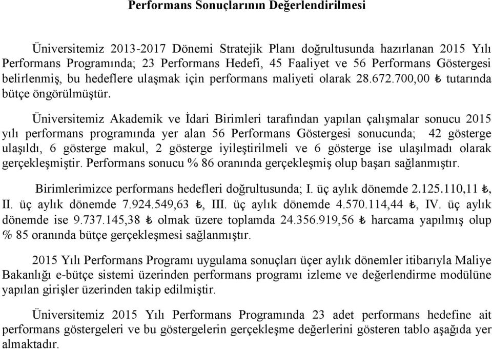 Üniversitemiz Akademik ve İdari Birimleri tarafından yapılan çalışmalar sonucu 2015 yılı performans programında yer alan 56 Göstergesi sonucunda; 42 gösterge ulaşıldı, 6 gösterge makul, 2 gösterge