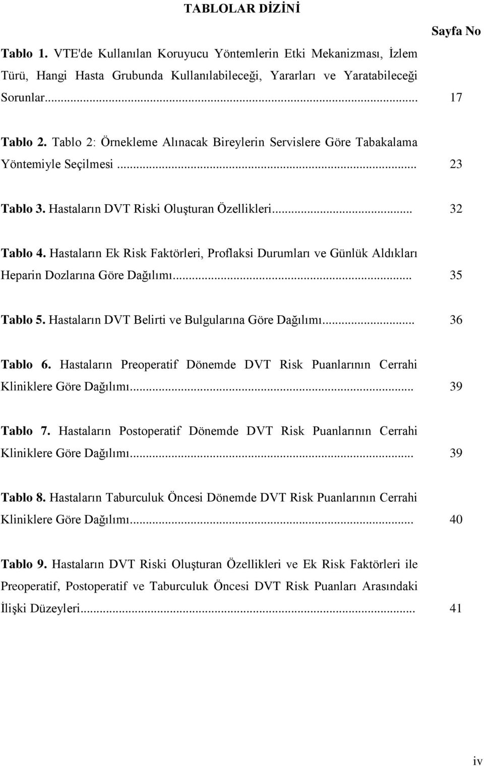 Hastaların Ek Risk Faktörleri, Proflaksi Durumları ve Günlük Aldıkları Heparin Dozlarına Göre Dağılımı... 35 Tablo 5. Hastaların DVT Belirti ve Bulgularına Göre Dağılımı... 36 Tablo 6.