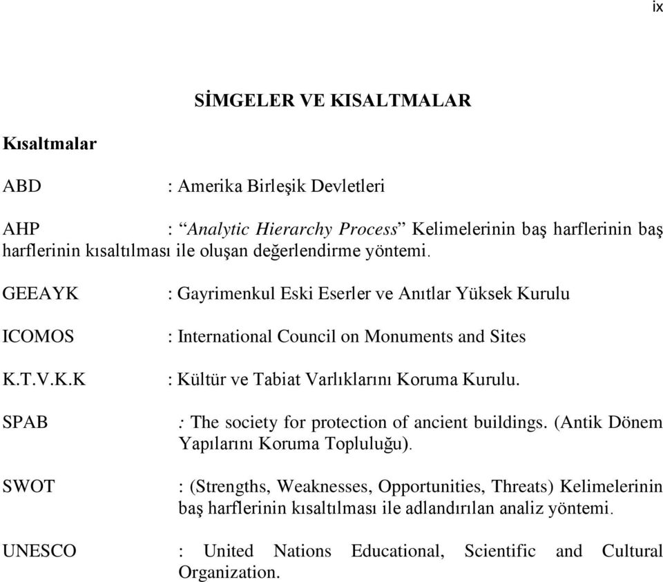 ICOMOS K.T.V.K.K SPAB SWOT : Gayrimenkul Eski Eserler ve Anıtlar Yüksek Kurulu : International Council on Monuments and Sites : Kültür ve Tabiat Varlıklarını Koruma Kurulu.