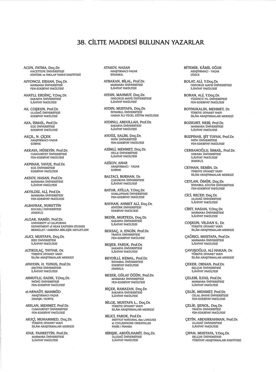Dr. ALBAYRAK, NURETTİN KOCAELİ ÜNİVERSİTESİ ALGAR, HAMİD, Prof.Dr. UNIVERSİTY of CAL1FORNIA DEPARTMENT of NE AR EASTERN STUDIES BERKELEY / AMERİKA BİRLEŞİK DEVLETLERİ ALİCİ, MUSTAFA, Doç.Dr. RİZE ÜNİVERSİTESİ ALTIKULAÇ, TAYYAR, Dr.