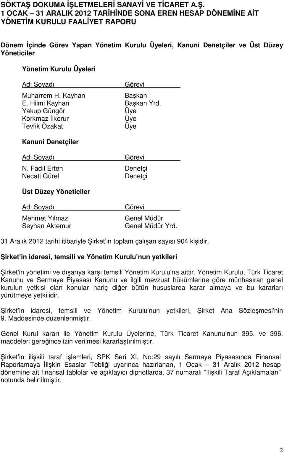 Fadıl Erten Denetçi Necati Gürel Denetçi Üst Düzey Yöneticiler Adı Soyadı Mehmet Yılmaz Seyhan Aktemur Görevi Genel Müdür Genel Müdür Yrd.