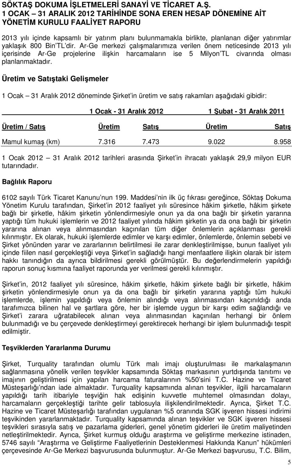 Üretim ve Satıştaki Gelişmeler 1 Ocak 31 Aralık 2012 döneminde Şirket in üretim ve satış rakamları aşağıdaki gibidir: 1 Ocak - 31 Aralık 2012 1 Şubat - 31 Aralık 2011 Üretim / Satış Üretim Satış