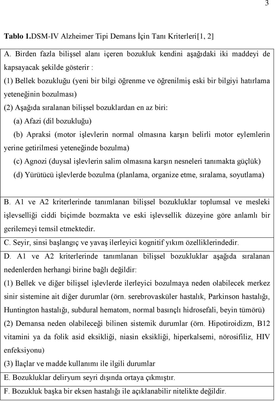 yeteneğinin bozulması) (2) Aşağıda sıralanan bilişsel bozuklardan en az biri: (a) Afazi (dil bozukluğu) (b) Apraksi (motor işlevlerin normal olmasına karşın belirli motor eylemlerin yerine