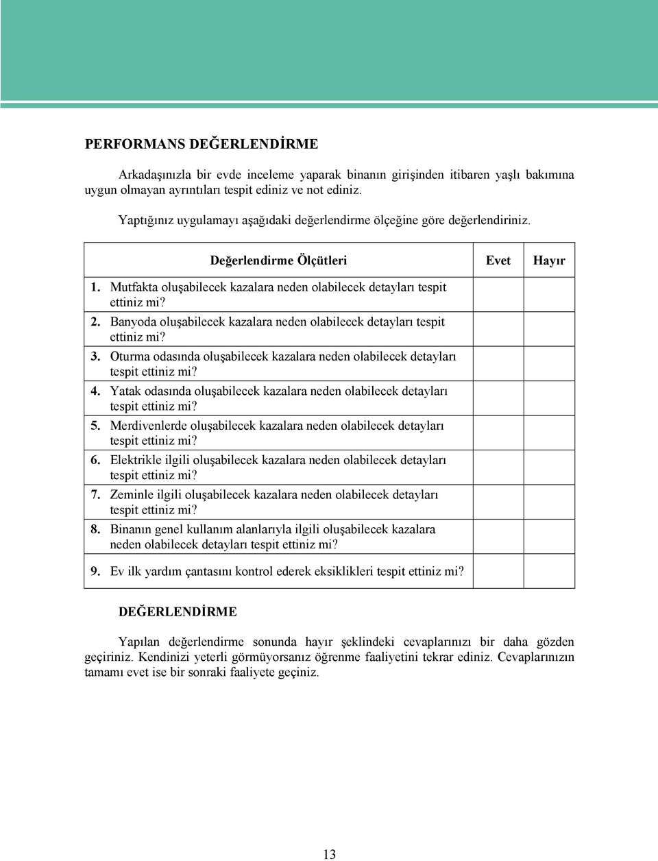 Banyoda oluşabilecek kazalara neden olabilecek detayları tespit ettiniz mi? 3. Oturma odasında oluşabilecek kazalara neden olabilecek detayları tespit ettiniz mi? 4.