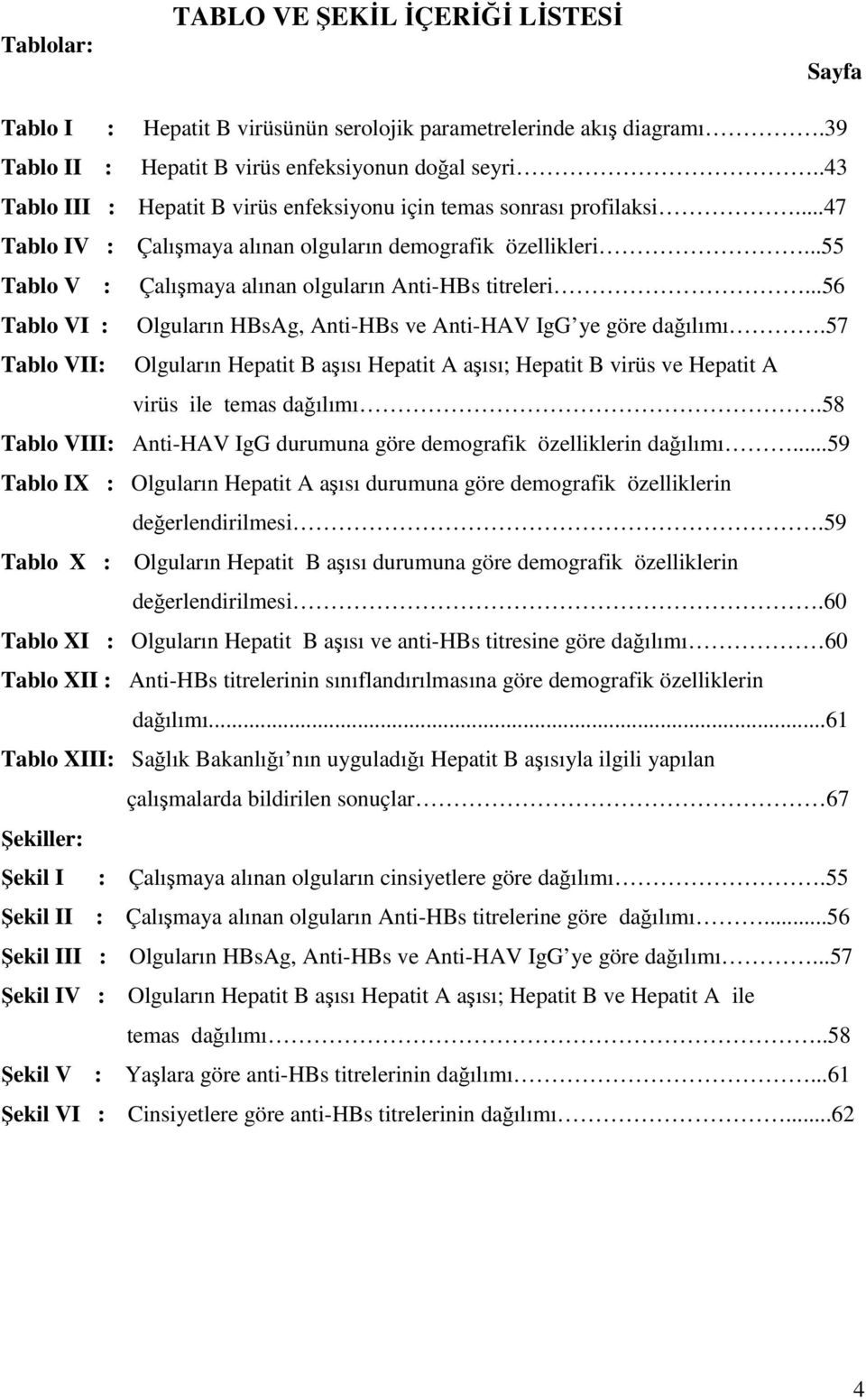 ..56 Tablo VI : Olguların HBsAg, Anti-HBs ve Anti-HAV IgG ye göre dağılımı.57 Tablo VII: Olguların Hepatit B aşısı Hepatit A aşısı; Hepatit B virüs ve Hepatit A virüs ile temas dağılımı.