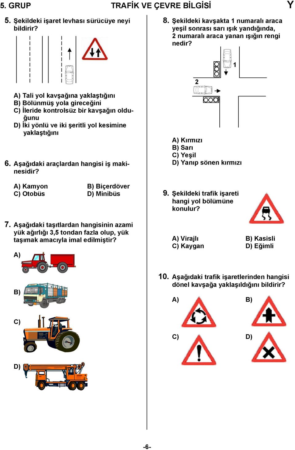 1 2 A) Tali yol kavşağına yaklaştığını B) Bölünmüş yola gireceğini C) İleride kontrolsüz bir kavşağın olduğunu D) İki yönlü ve iki şeritli yol kesimine yaklaştığını 6.