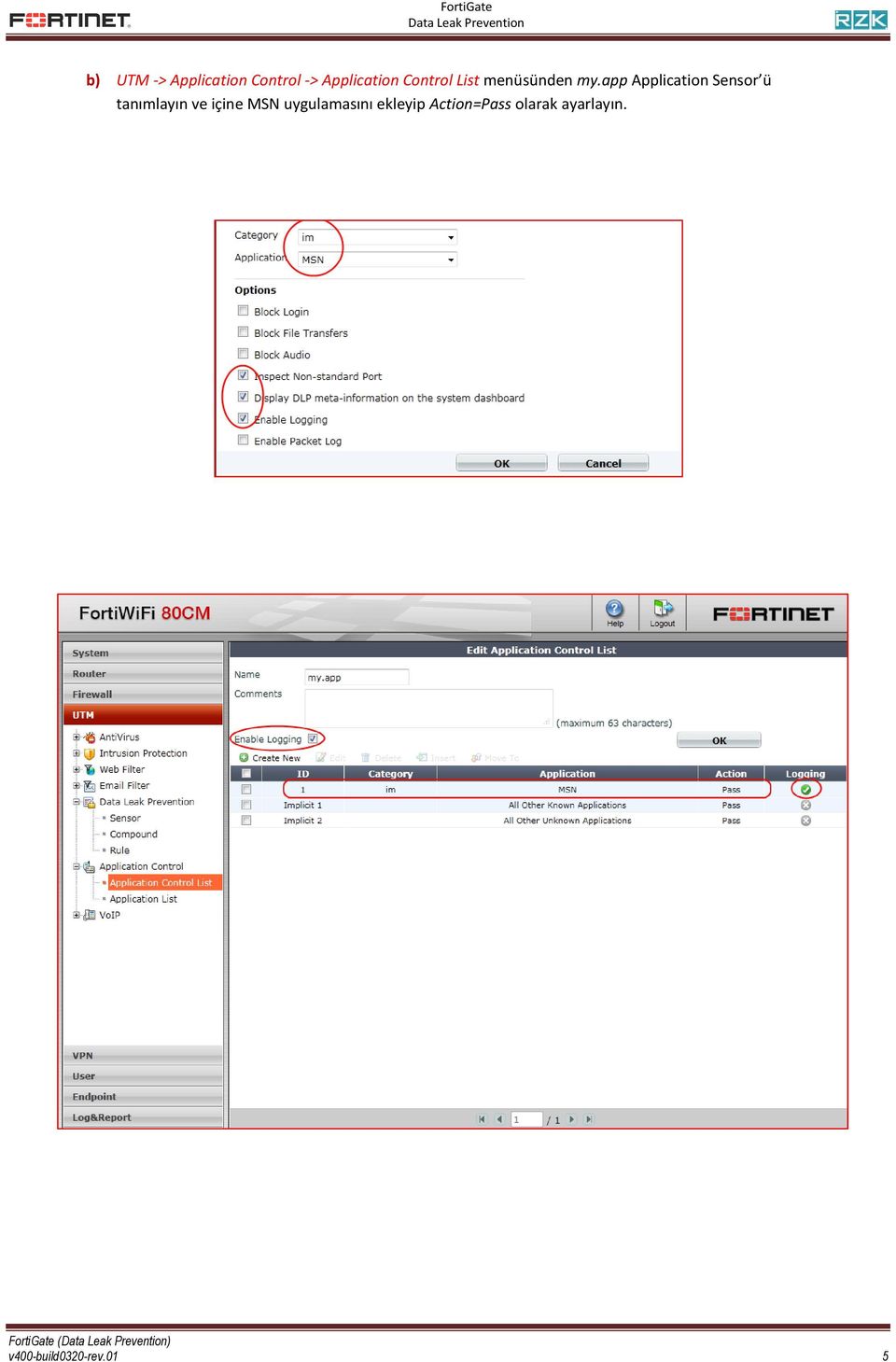 app Application Sensor ü tanımlayın ve içine MSN