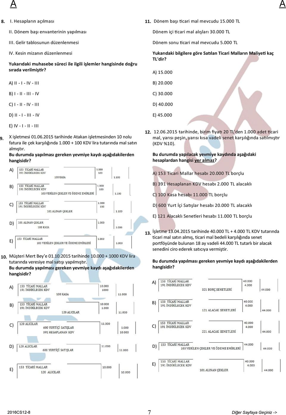 Yukarıdaki bilgilere göre Sa lan Ticari Malların Maliye kaç TL'dir? ) 15.000 ) II - I - IV - III B) 20.000 B) I - II - III - IV C) 30.000 C) I - II - IV - III D) 40.000 D) II - I - III - IV E) 45.