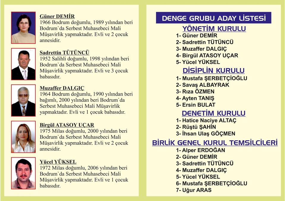 Evli ve 1 çocuk Birgül ATASOY UÇAR 1975 Milas doğumlu, 2000 yılından beri Yücel YÜKSEL 1972 Milas doğumlu, 2006 yılından beri Müşavirlik yapmaktadır.