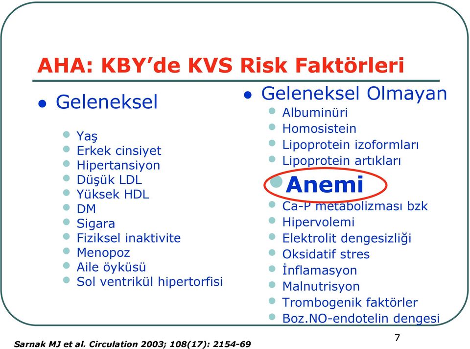 Circulation 2003; 108(17): 2154-69 Geleneksel Olmayan Albuminüri Homosistein Lipoprotein izoformları Lipoprotein