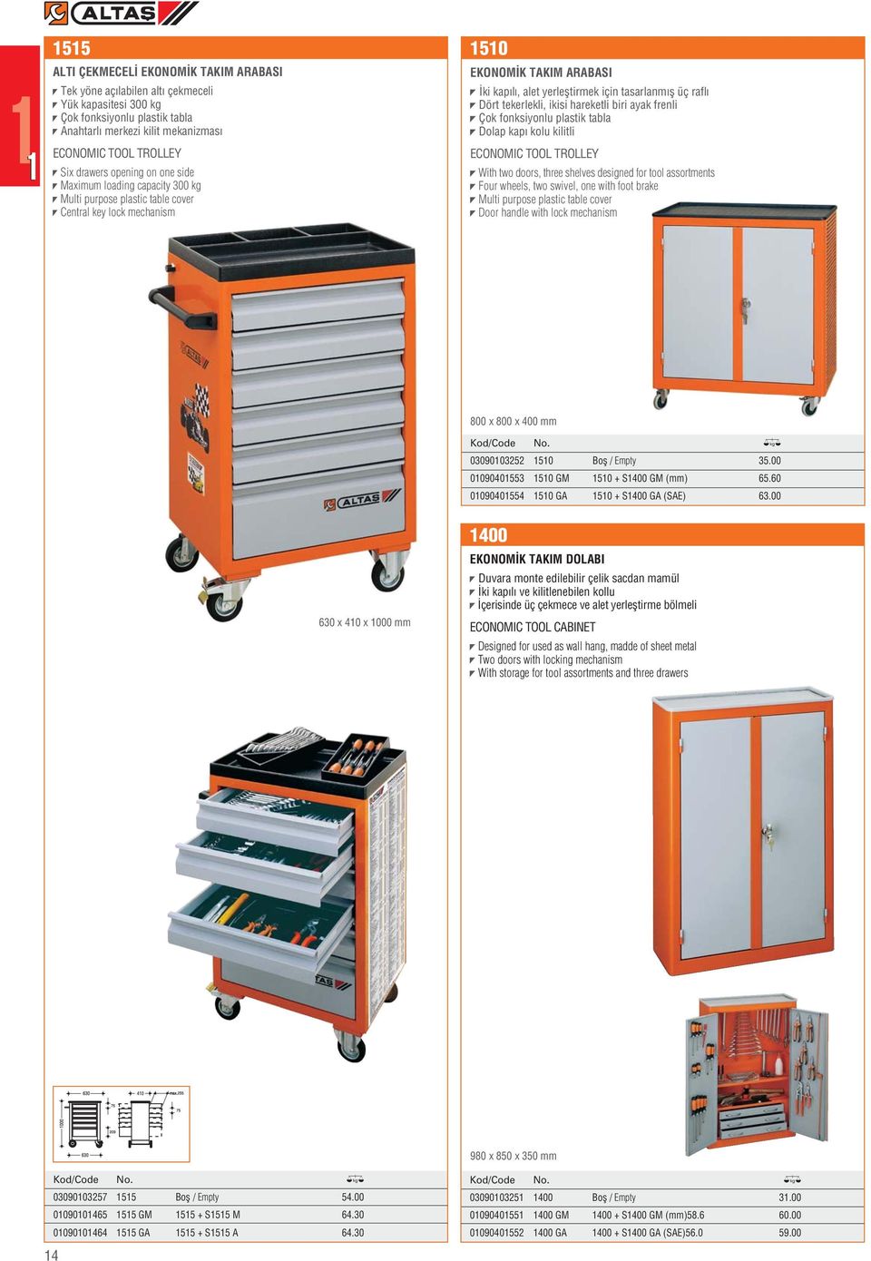 Dört tekerlekli, ikisi hareketli biri ayak frenli Çok fonksiyonlu plastik tabla Dolap kap kolu kilitli ECONOMIC TOOL TROLLEY With two doors, three shelves designed for tool assortments Four wheels,