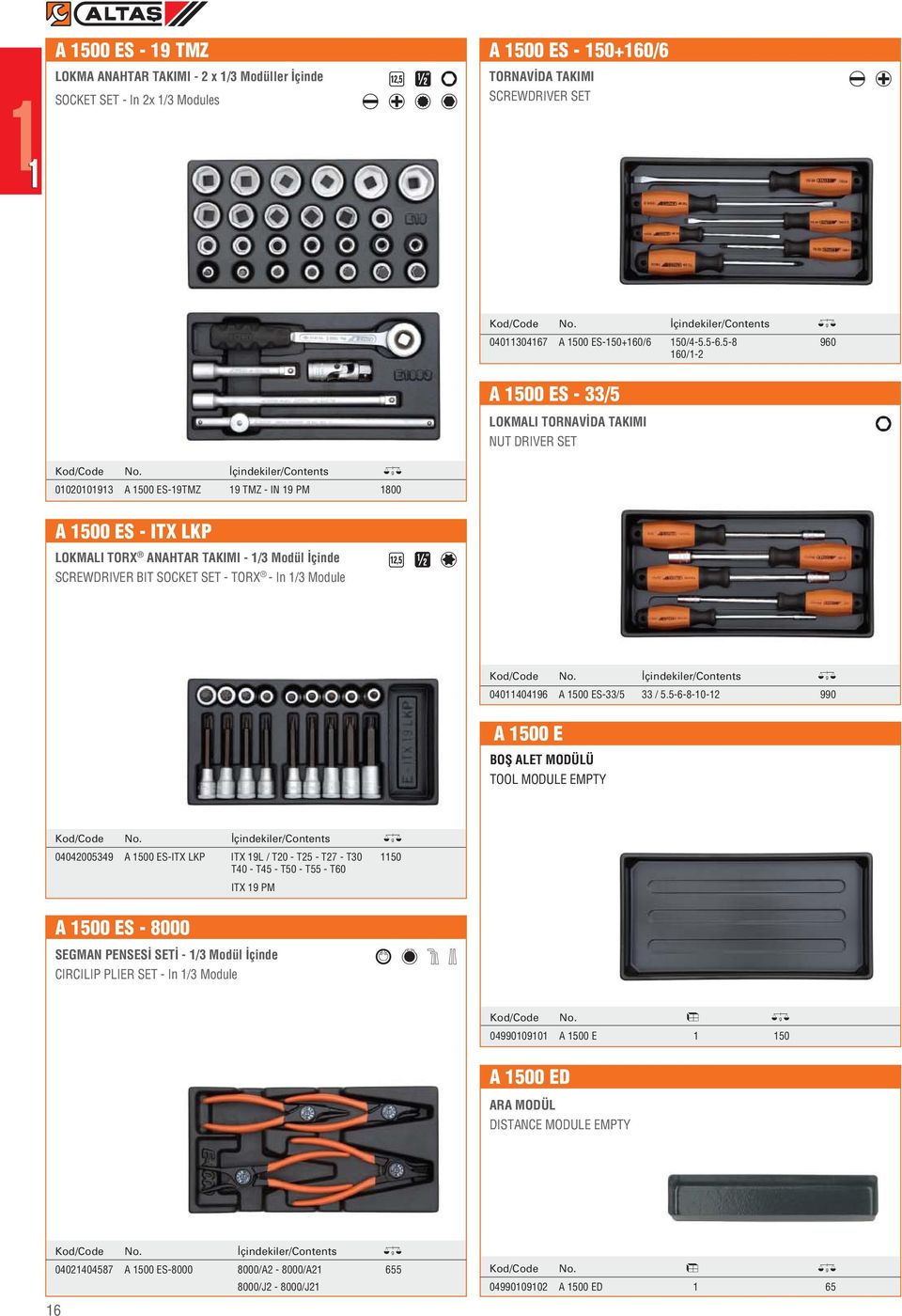 çindekiler/contents / 01020101913 A 1500 ES-19TMZ 19 TMZ - IN 19 PM 1800 A 1500 ES - ITX LKP LOKMALI TORX ANAHTAR TAKIMI - 1/3 Modül çinde SCREWDRIVER BIT SOCKET SET - TORX - In 1/3 Module O d 7