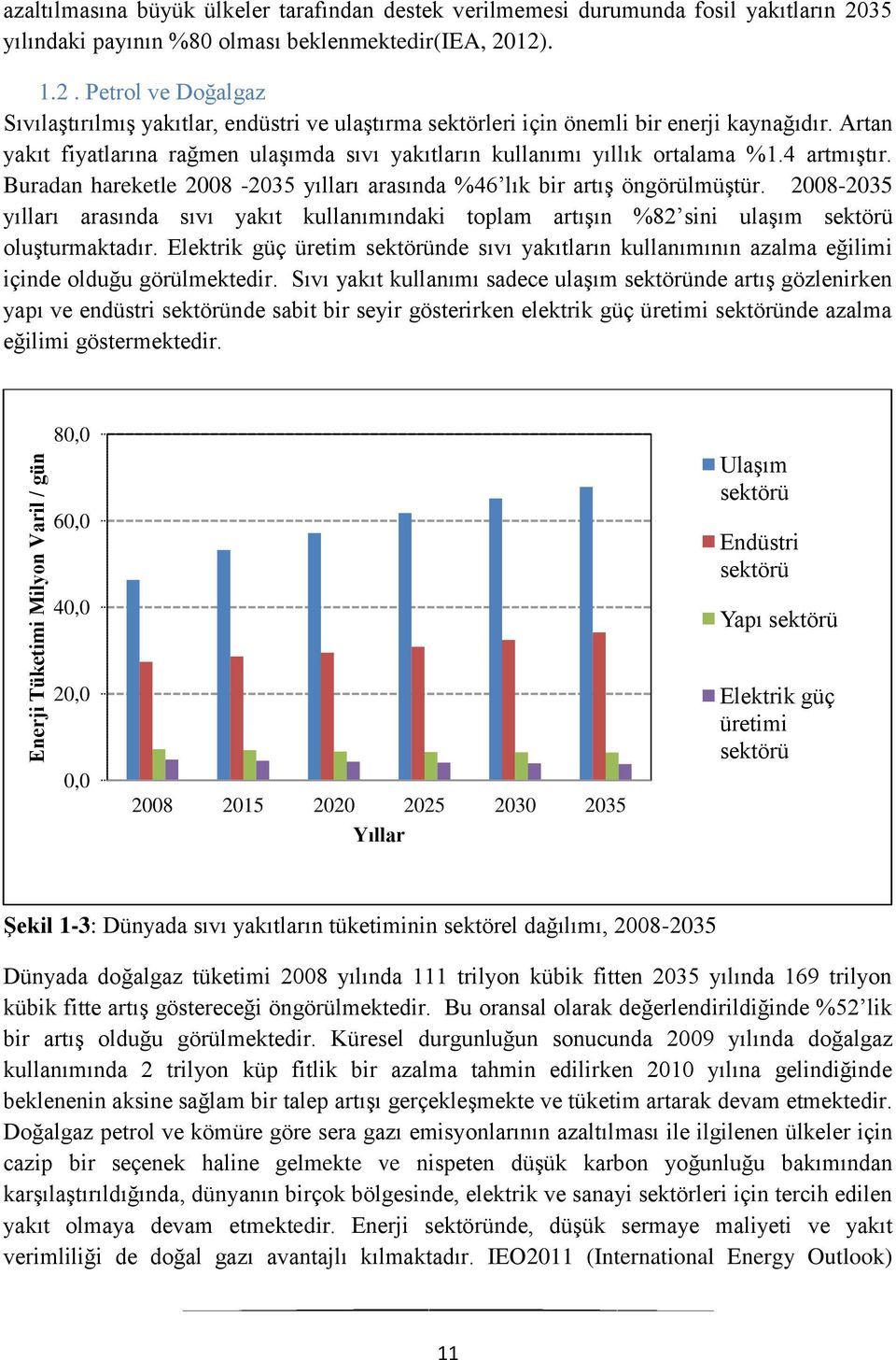 Artan yakıt fiyatlarına rağmen ulaşımda sıvı yakıtların kullanımı yıllık ortalama %1.4 artmıştır. Buradan hareketle 2008-2035 yılları arasında %46 lık bir artış öngörülmüştür.