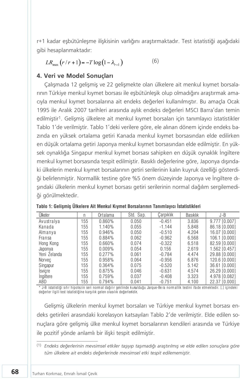 k ymet borsalar na ait endeks de erleri kullan lm flt r. Bu amaçla Ocak 1995 ile Aral k 2007 tarihleri aras nda ayl k endeks de erleri MSCI Barra dan temin edilmifltir 1.