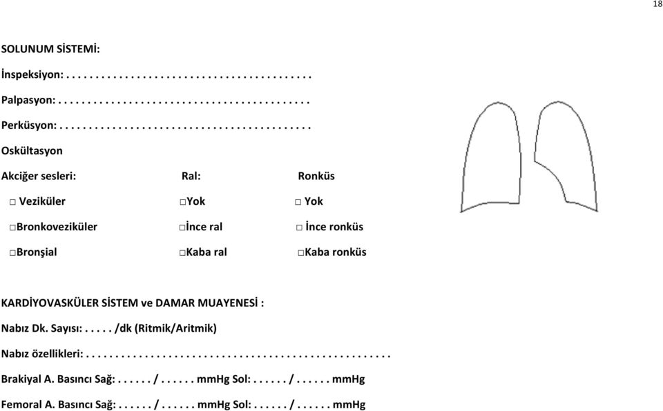 Kaba ral Kaba ronküs KARDİYOVASKÜLER SİSTEM ve DAMAR MUAYENESİ : Nabız Dk. Sayısı:..... /dk (Ritmik/Aritmik) Nabız özellikleri:.................................................... Brakiyal A.