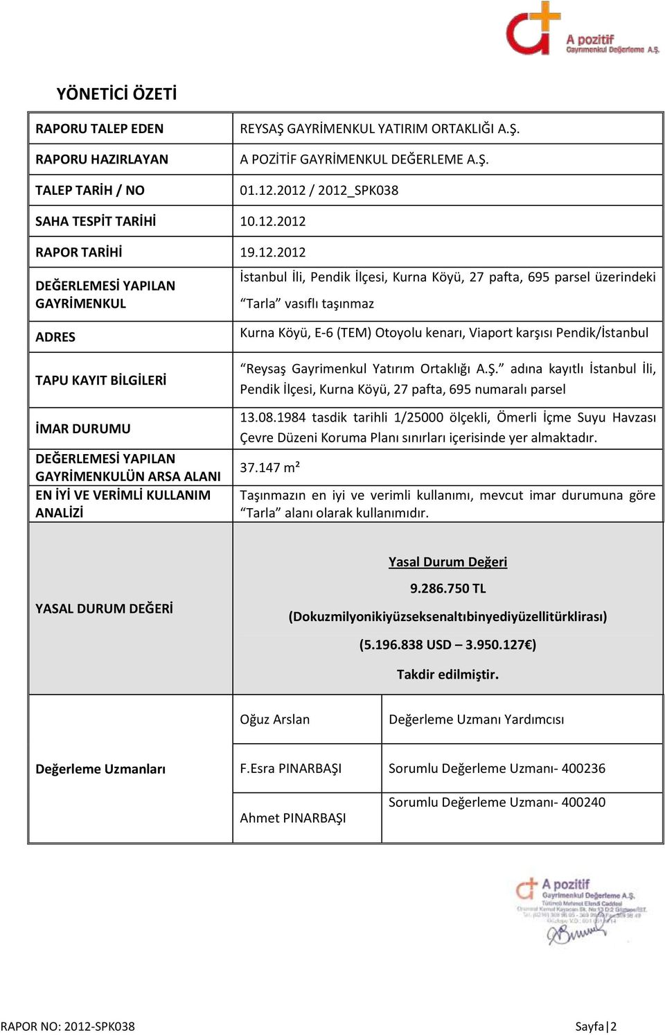 GAYRİMENKULÜN ARSA ALANI EN İYİ VE VERİMLİ KULLANIM ANALİZİ Kurna Köyü, E-6 (TEM) Otoyolu kenarı, Viaport karşısı Pendik/İstanbul Reysaş Gayrimenkul Yatırım Ortaklığı A.Ş.