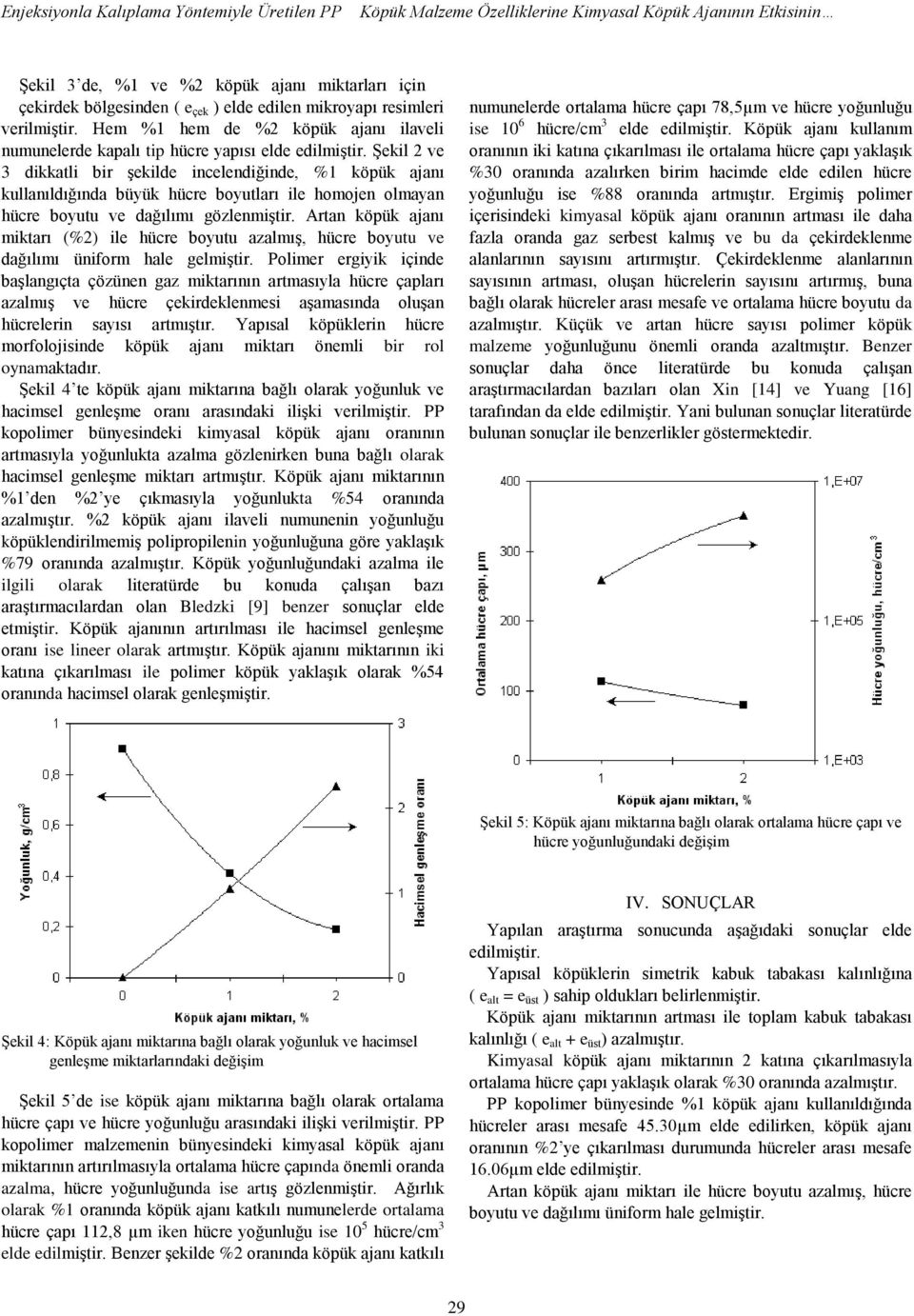 Şekil 2 ve 3 dikkatli bir şekilde incelendiğinde, %1 köpük ajanı kullanıldığında büyük hücre boyutları ile homojen olmayan hücre boyutu ve dağılımı gözlenmiştir.