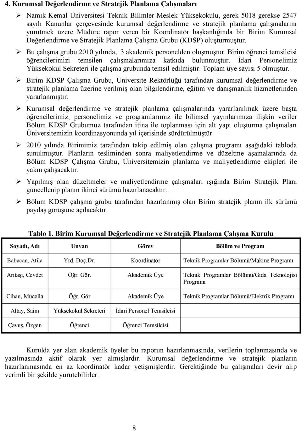 Bu çalıģma grubu 2010 yılında, 3 akademik personelden oluģmuģtur. Birim öğrenci temsilcisi öğrencilerimizi temsilen çalıģmalarımıza katkıda bulunmuģtur.