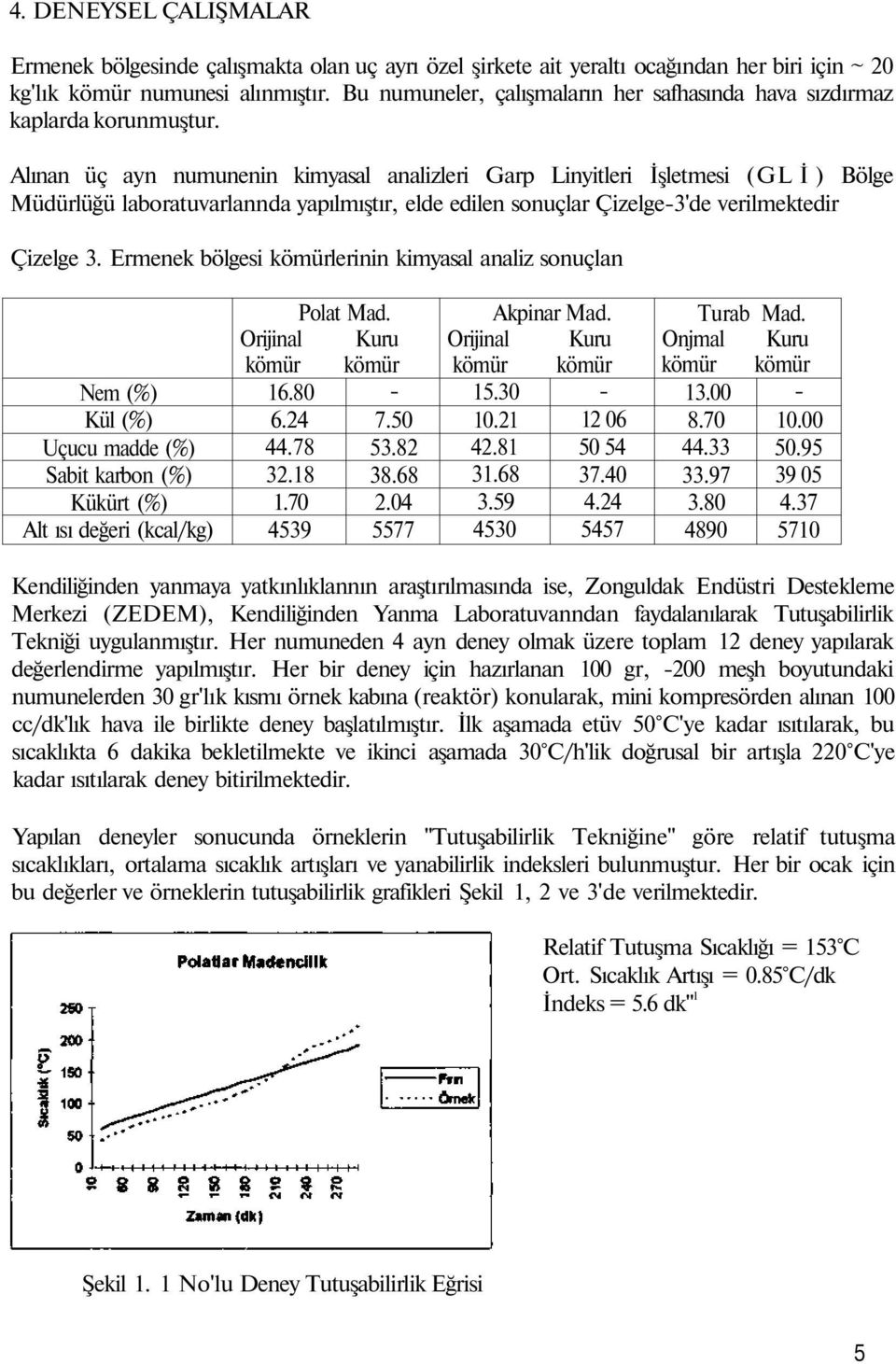 Alınan üç ayn numunenin kimyasal analizleri Garp Linyitleri İşletmesi (GL İ ) Bölge Müdürlüğü laboratuvarlannda yapılmıştır, elde edilen sonuçlar Çizelge-'de verilmektedir Çizelge.