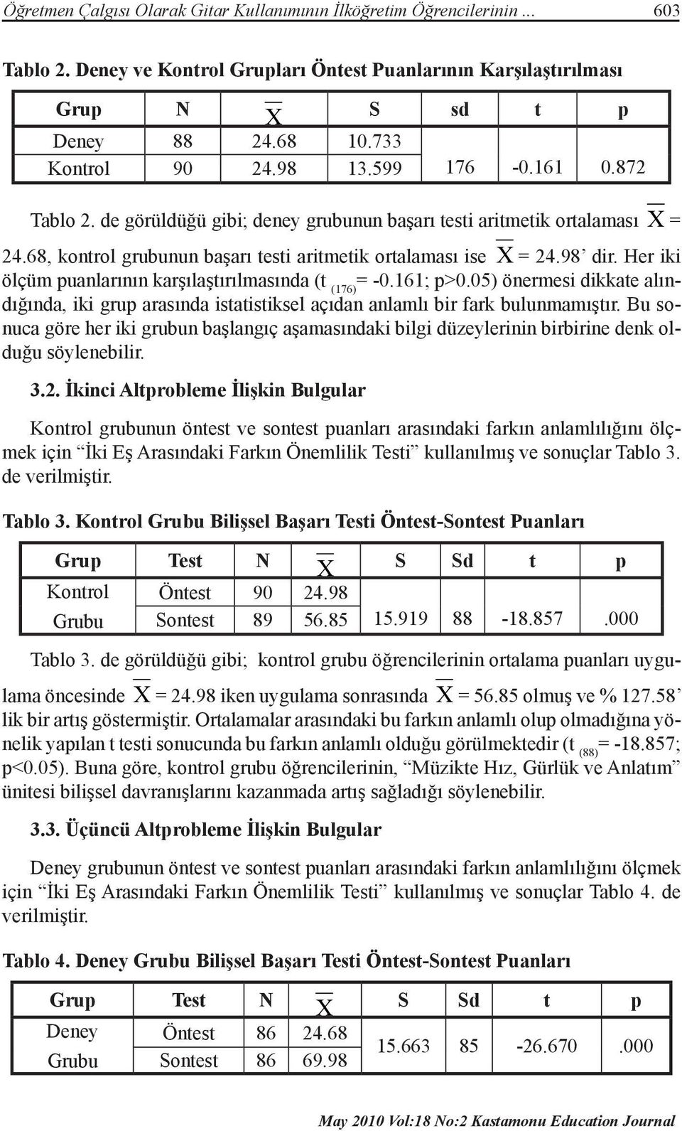 98 dir. Her iki ölçüm puanlarının karşılaştırılmasında (t (176) = -0.161; p>0.05) önermesi dikkate alındığında, iki grup arasında istatistiksel açıdan anlamlı bir fark bulunmamıştır.