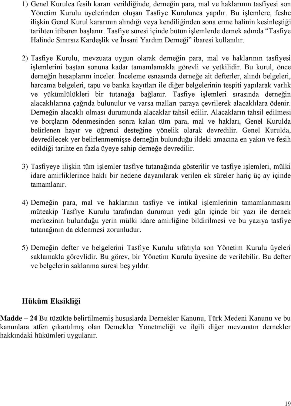 Tasfiye süresi içinde bütün işlemlerde dernek adında Tasfiye Halinde Sınırsız Kardeşlik ve İnsani Yardım Derneği ibaresi kullanılır.