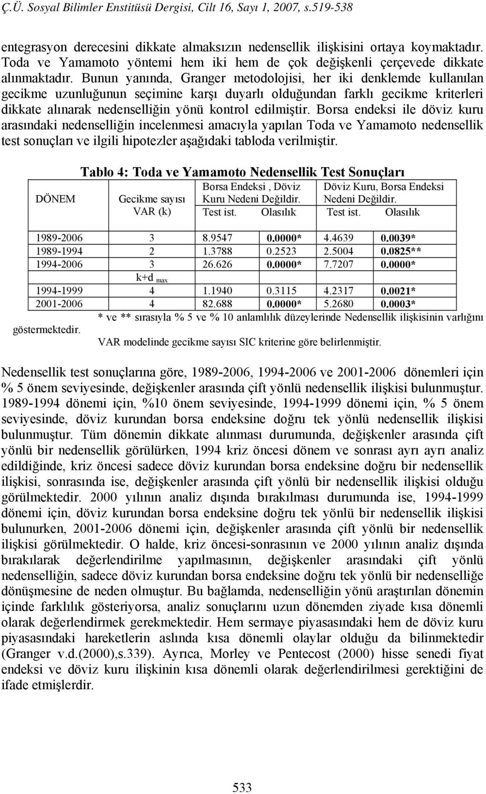 edilmiştir. Borsa endeksi ile döviz kuru arasındaki nedenselliğin incelenmesi amacıyla yapılan Toda ve Yamamoto nedensellik test sonuçları ve ilgili hipotezler aşağıdaki tabloda verilmiştir.