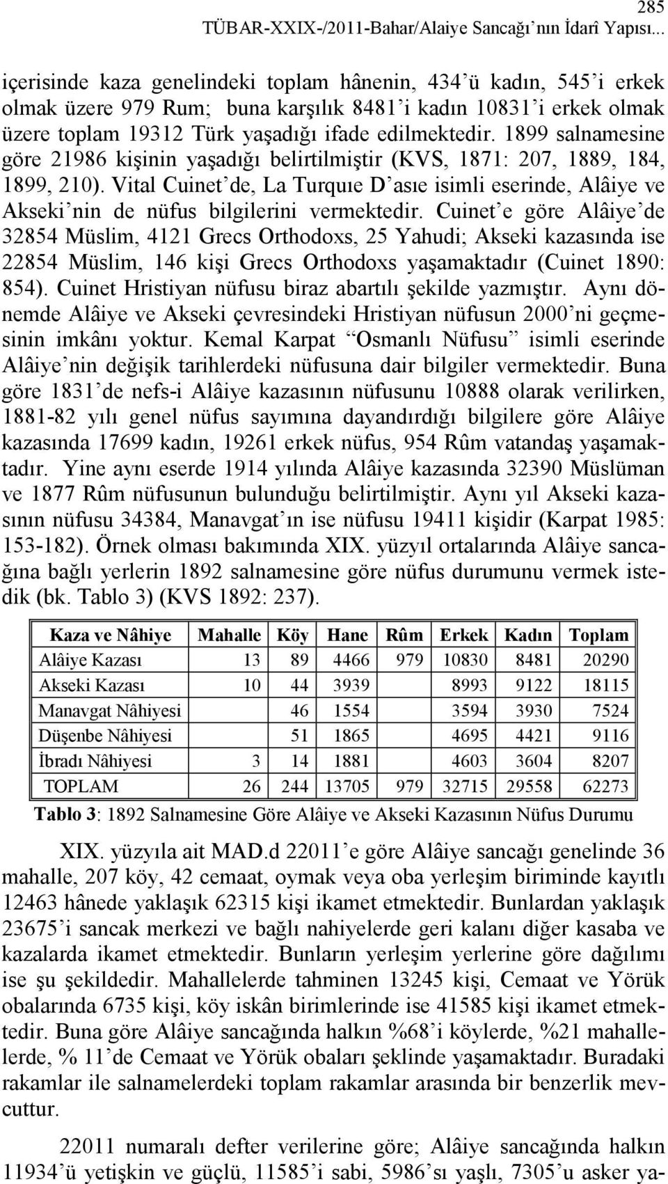 1899 salnamesine göre 21986 kişinin yaşadığı belirtilmiştir (KVS, 1871: 207, 1889, 184, 1899, 210).