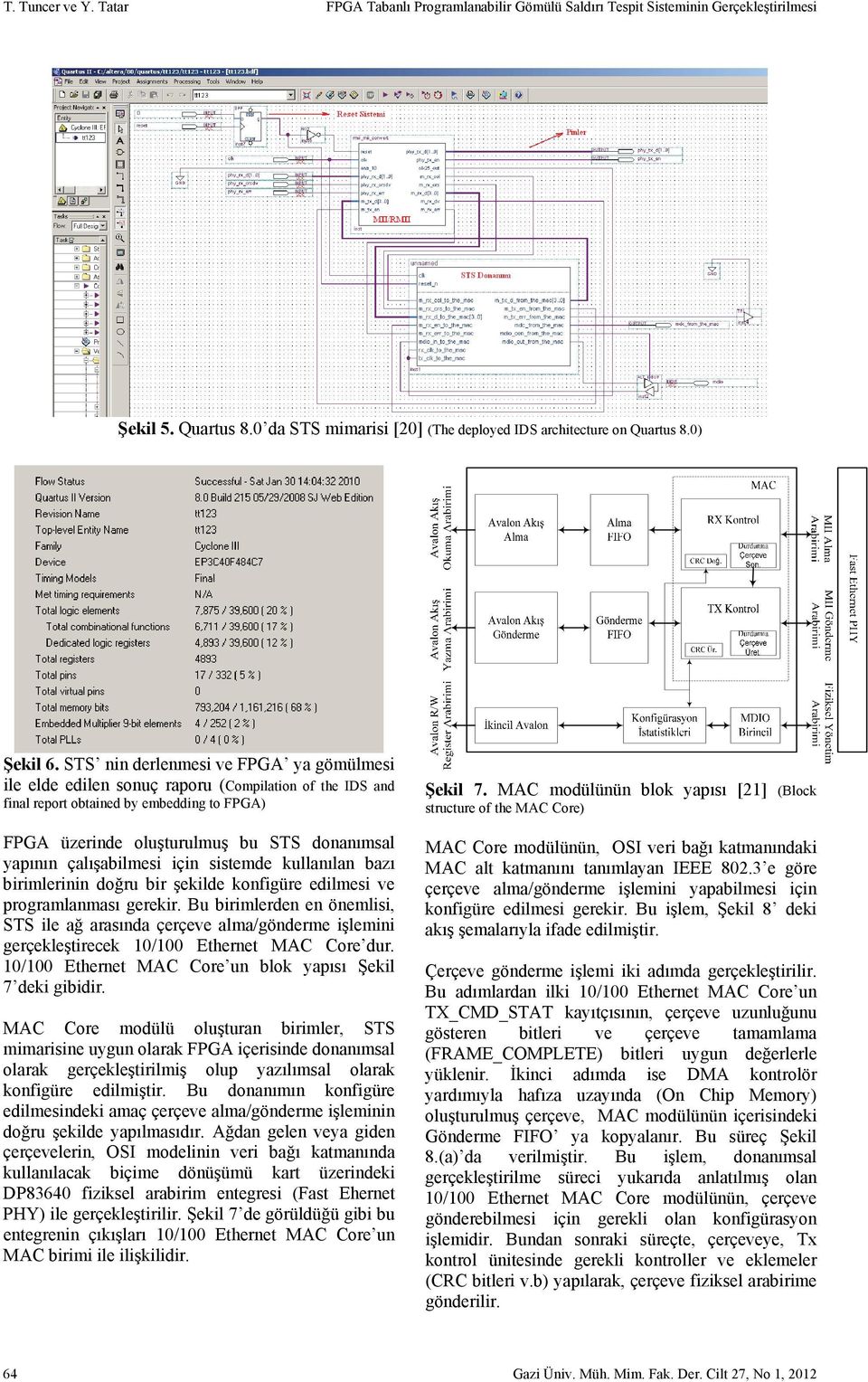 STS nin derlenmesi ve FPGA ya gömülmesi ile elde edilen sonuç raporu (Compilation of the IDS and final report obtained by embedding to FPGA) FPGA üzerinde oluşturulmuş bu STS donanımsal yapının