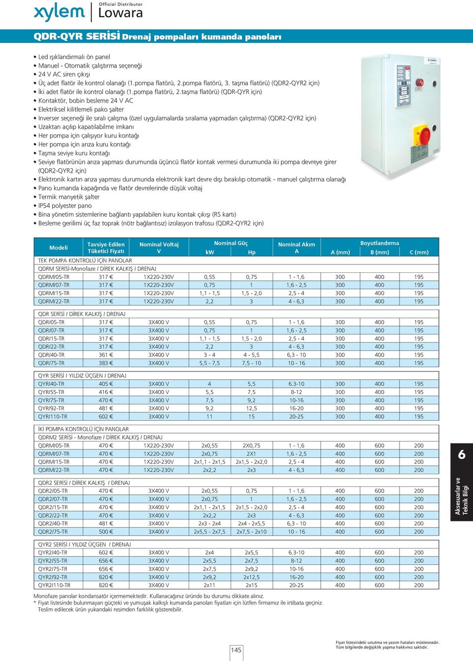 taşma flatörü) (QDR-QYR için) Kontaktör, bobin besleme 24 V AC Elektriksel kilitlemeli pako şalter Inverser seçeneği ile sıralı çalışma (özel uygulamalarda sıralama yapmadan çalıştırma) (QDR2-QYR2