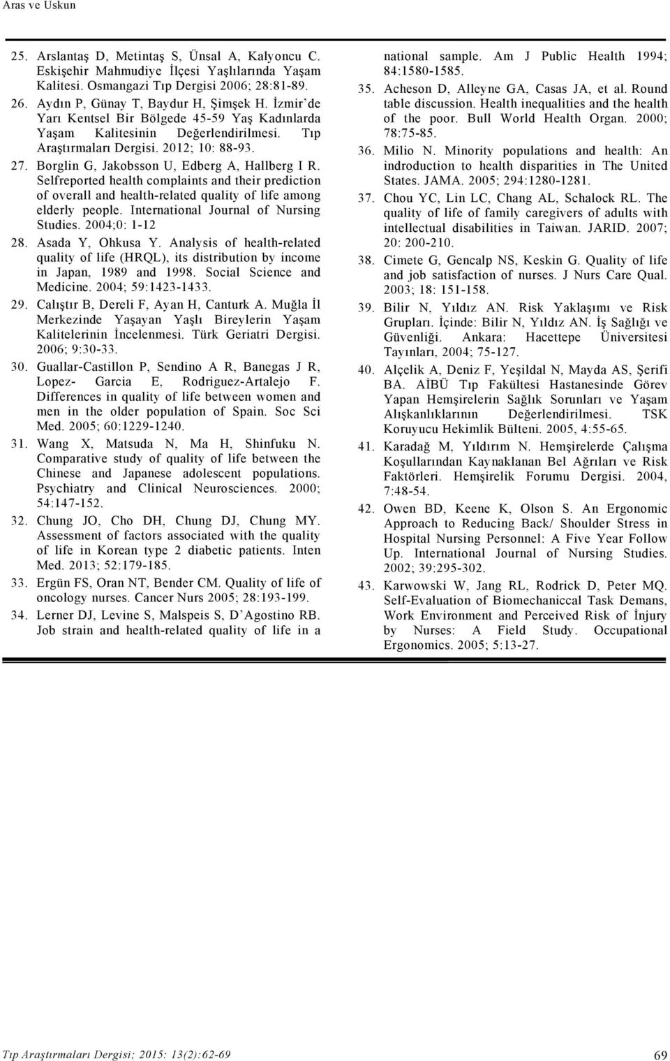 Selfreported health complaints and their prediction of overall and health-related quality of life among elderly people. International Journal of Nursing Studies. 2004;0: 1-12 28. Asada Y, Ohkusa Y.