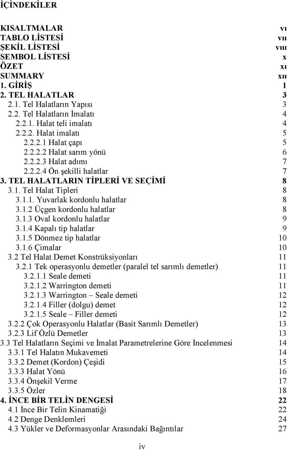 1. Oval kordonlu halatlar 9.1.4 Kapalı tip halatlar 9.1.5 Dönmez tip halatlar 10.1.6 Çimalar 10. Tel Halat Demet Konstrüksiyonları 11..1 Tek operasyonlu demetler (paralel tel sarımlı demetler) 11..1.1 Seale demeti 11.