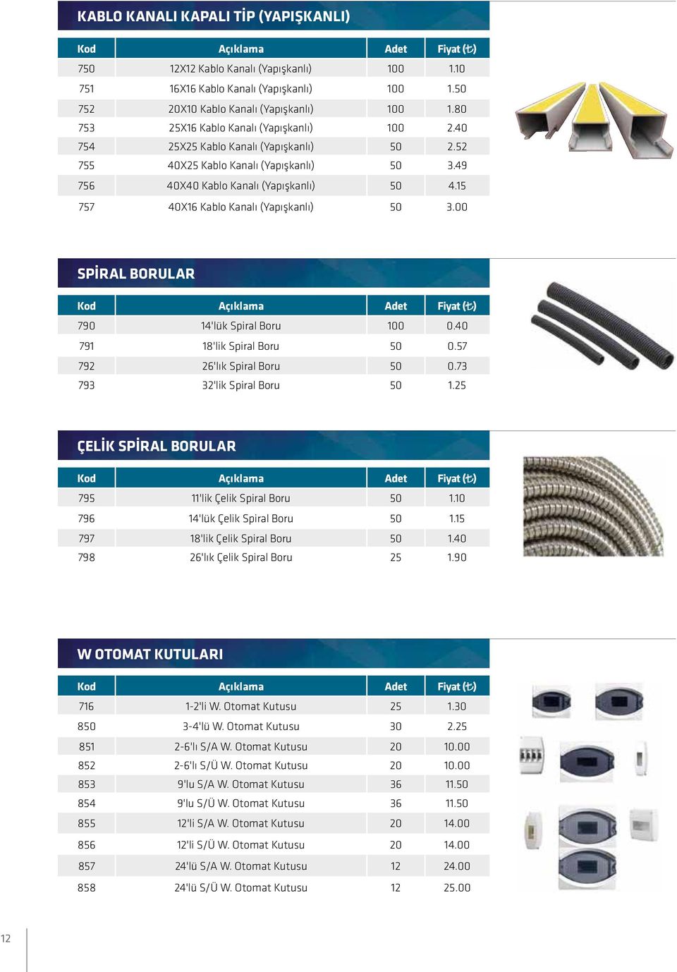 15 757 40X16 Kablo Kanalı (Yapışkanlı) 50 3.00 SPİRAL BORULAR 790 14'lük Spiral Boru 100 0.40 791 18'lik Spiral Boru 50 0.57 792 26'lık Spiral Boru 50 0.73 793 32'lik Spiral Boru 50 1.