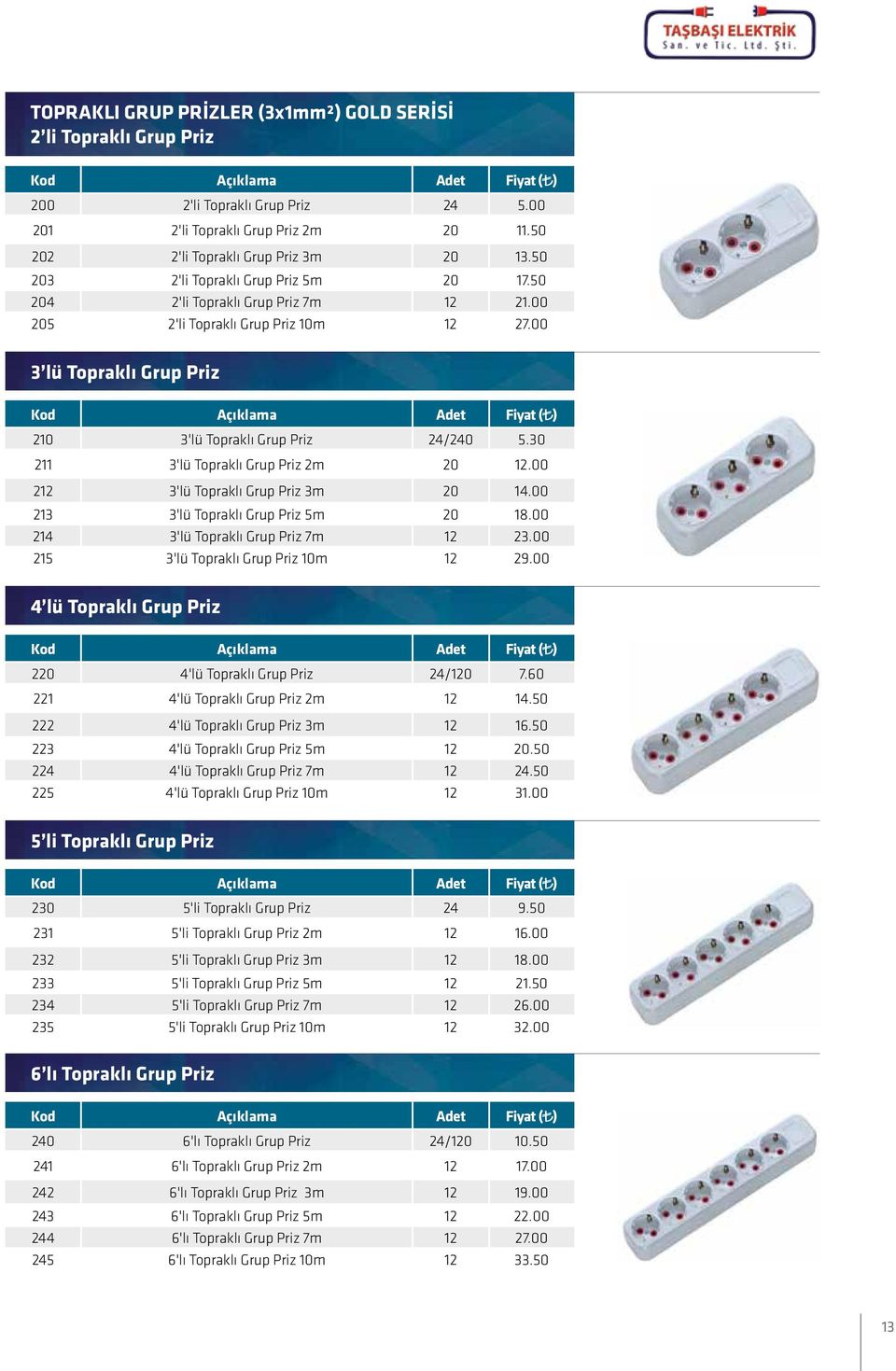 30 211 3'lü Topraklı Grup Priz 2m 20 12.00 212 3'lü Topraklı Grup Priz 3m 20 14.00 213 3'lü Topraklı Grup Priz 5m 20 18.00 214 3'lü Topraklı Grup Priz 7m 12 23.