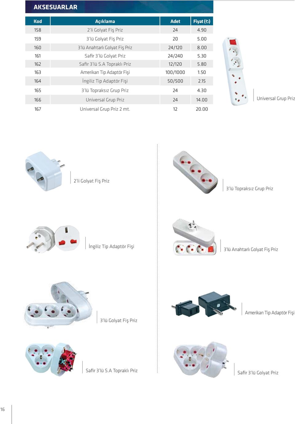 50 164 İngiliz Tip Adaptör Fişi 50/500 2.15 165 3 lü Topraksız Grup Priz 24 4.30 166 Universal Grup Priz 24 14.00 167 Universal Grup Priz 2 mt. 12 20.