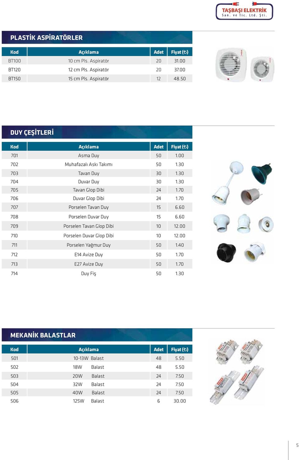 60 708 Porselen Duvar Duy 15 6.60 709 Porselen Tavan Glop Dibi 10 12.00 710 Porselen Duvar Glop Dibi 10 12.00 711 Porselen Yağmur Duy 50 1.40 712 E14 Avize Duy 50 1.