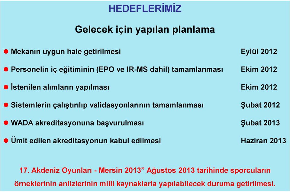 Şubat 2012 WADA akreditasyonuna başvurulması Şubat 2013 Ümit edilen akreditasyonun kabul edilmesi Haziran 2013 17.