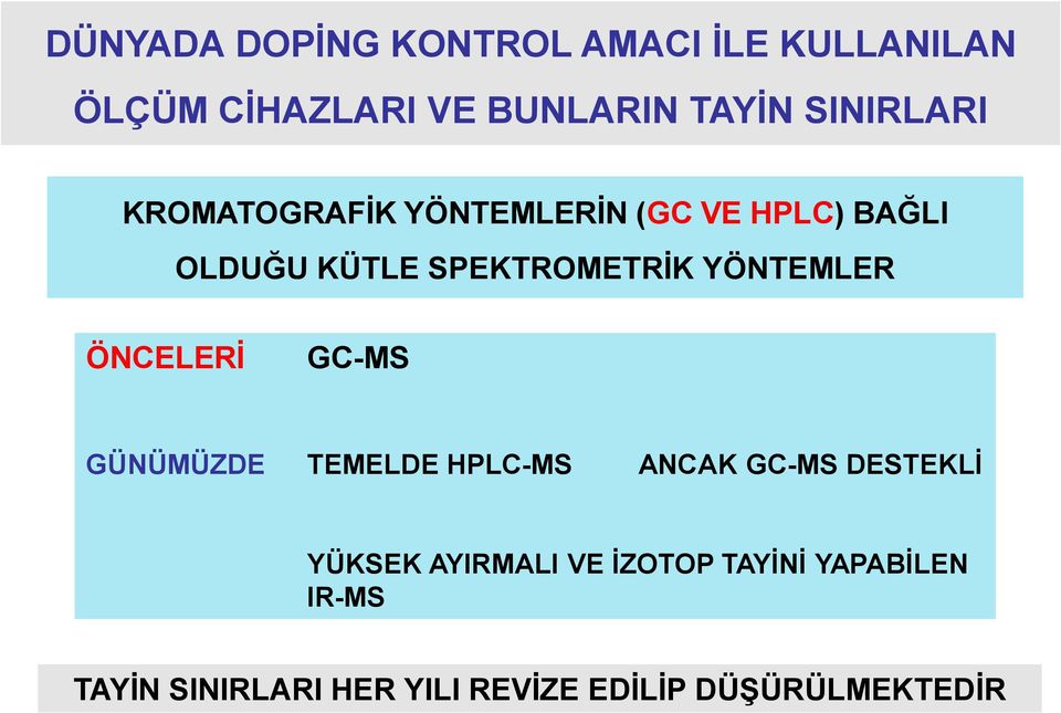 YÖNTEMLER ÖNCELERİ GC-MS GÜNÜMÜZDE TEMELDE HPLC-MS ANCAK GC-MS DESTEKLİ YÜKSEK