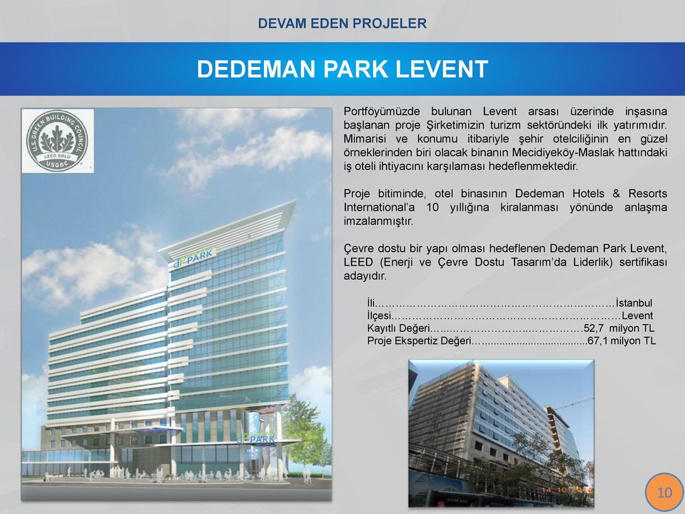 Proje bitiminde, otel binasının Dedeman Hotels & Resorts International a 10 yıllığına kiralanması yönünde anlaşma imzalanmıştır.