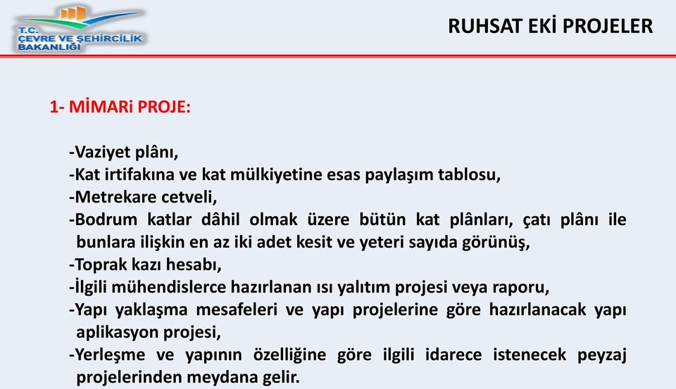 -Toprak kazı hesabı, -İlgili mühendislerce hazırlanan ısı yalıtım projesi veya raporu, -Yapı yaklaşma mesafeleri ve yapı projelerine