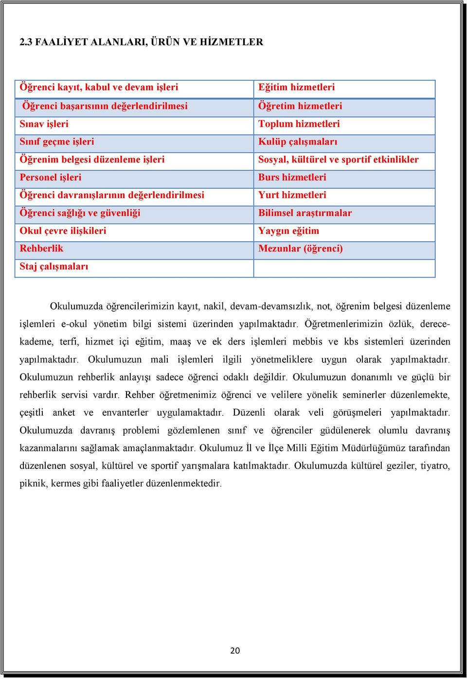 Sosyal, kültürel ve sportif etkinlikler Burs hizmetleri Yurt hizmetleri Bilimsel araştırmalar Yaygın eğitim Mezunlar (öğrenci) Okulumuzda öğrencilerimizin kayıt, nakil, devam-devamsızlık, not,