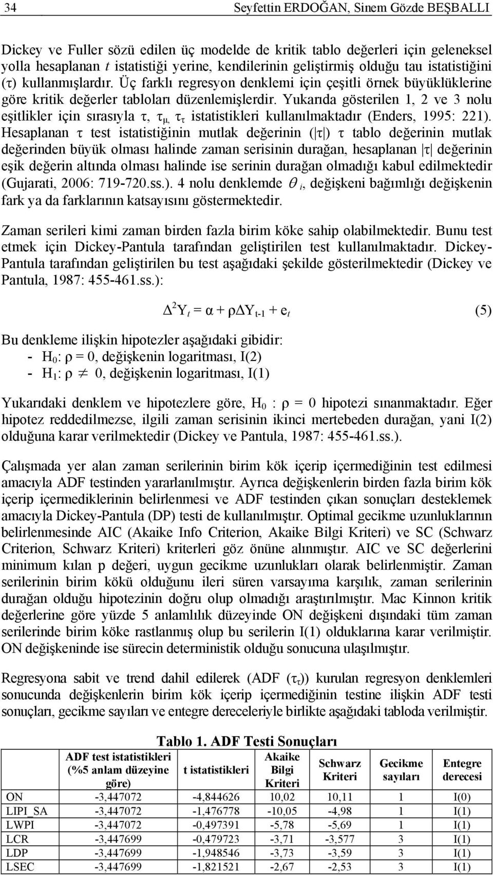 Yukarıda gösterilen 1, 2 ve 3 nolu eşitlikler için sırasıyla τ, τ μ, τ τ istatistikleri kullanılmaktadır (Enders, 1995: 221).